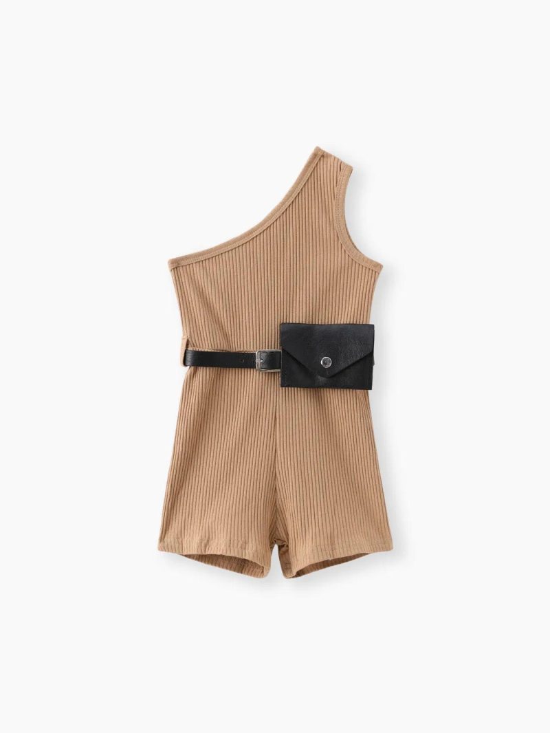 Jumpsuits | Toddler Girls 2pcs Trendy Ribbed One Shoulder Sleeveless Rompers & Waist Bag Khaki