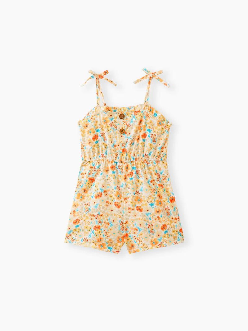 Jumpsuits | Toddler Girls Bowknot Design Stripe/Floral Print/Orange Cami Romper White|Orange|Orangewhite