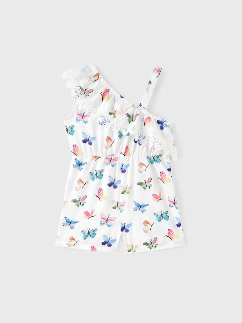 Jumpsuits | Toddler Girls Butterfly Print One-Shoulder Cami Romper White