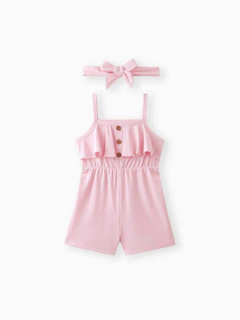 Jumpsuits | Toddler Girls Button Design Flounce Belted Solid Color Cami Romper Light Pink|Pink|Offwhite