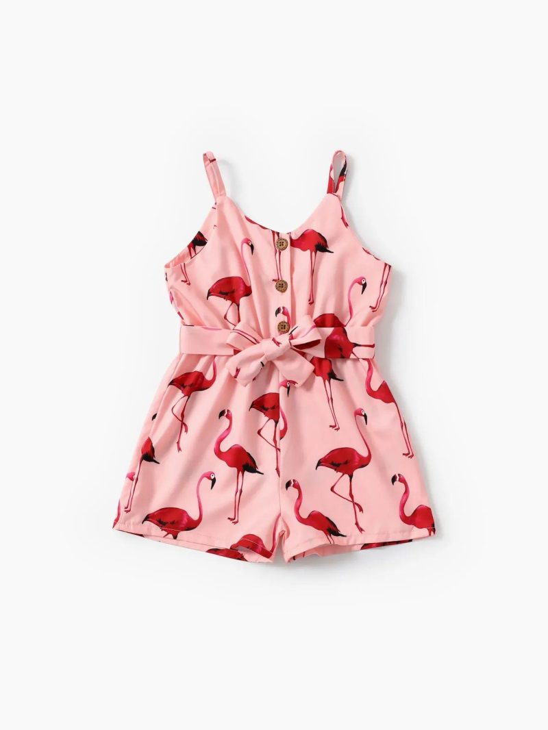 Jumpsuits | Toddler Girls Flamingo Print Button Design Belted Cami Jumpsuit Pink