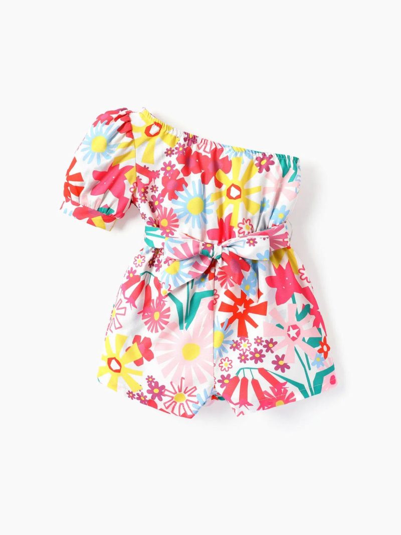 Jumpsuits | Toddler Girls Floral Print One Shoulder Sleeve Jumpsuit wiht Belt Multi-Color