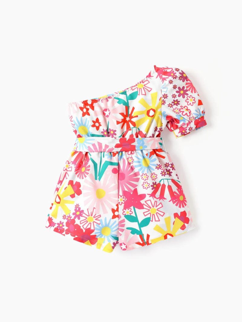 Jumpsuits | Toddler Girls Floral Print One Shoulder Sleeve Jumpsuit wiht Belt Multi-Color