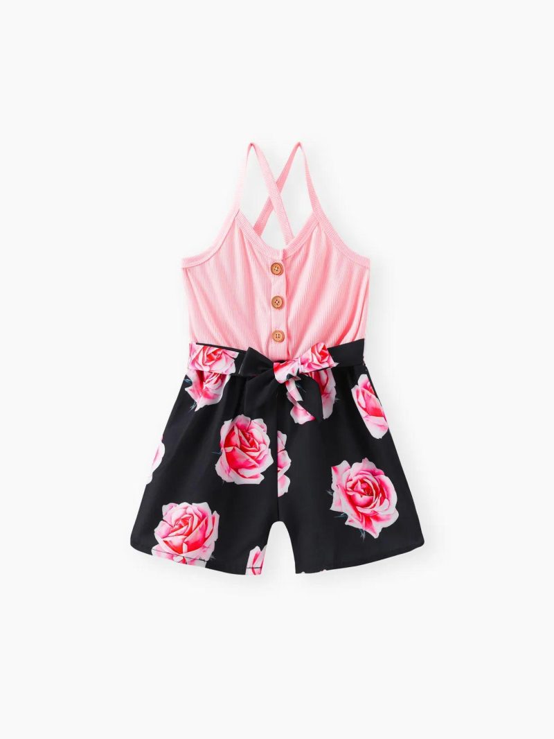 Jumpsuits | Toddler Girls Floral Print Splice Button Design Back Crisscross Belted Cami Romper Pink