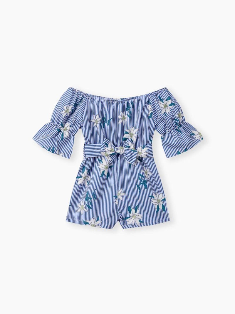 Jumpsuits | Toddler Girls Floral Print Striped Off Shoulder Onesies Light Blue