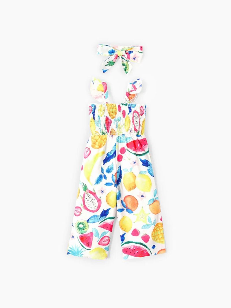 Jumpsuits | Toddler Girls Fruit Pattern Flutter-sleeve Smocked Jumpsuit with Headband Multi-Color