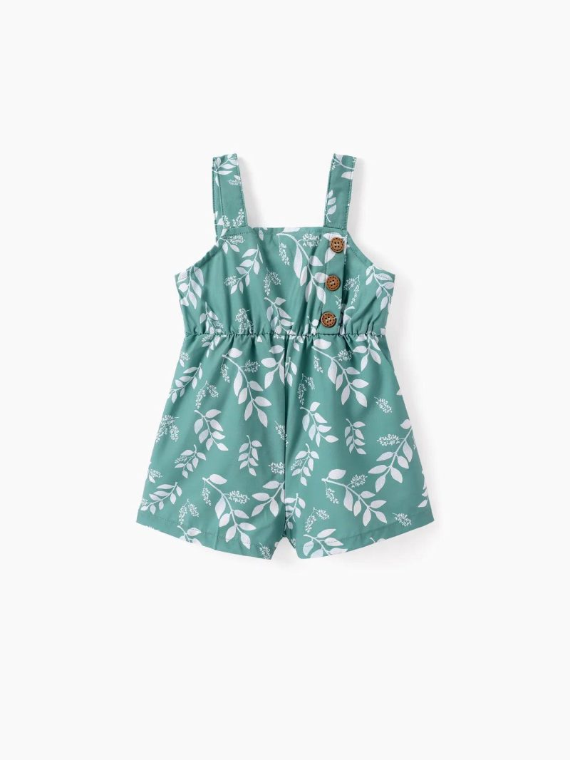 Jumpsuits | Toddler Girls Leaf Print Button Design Strap Romper Green