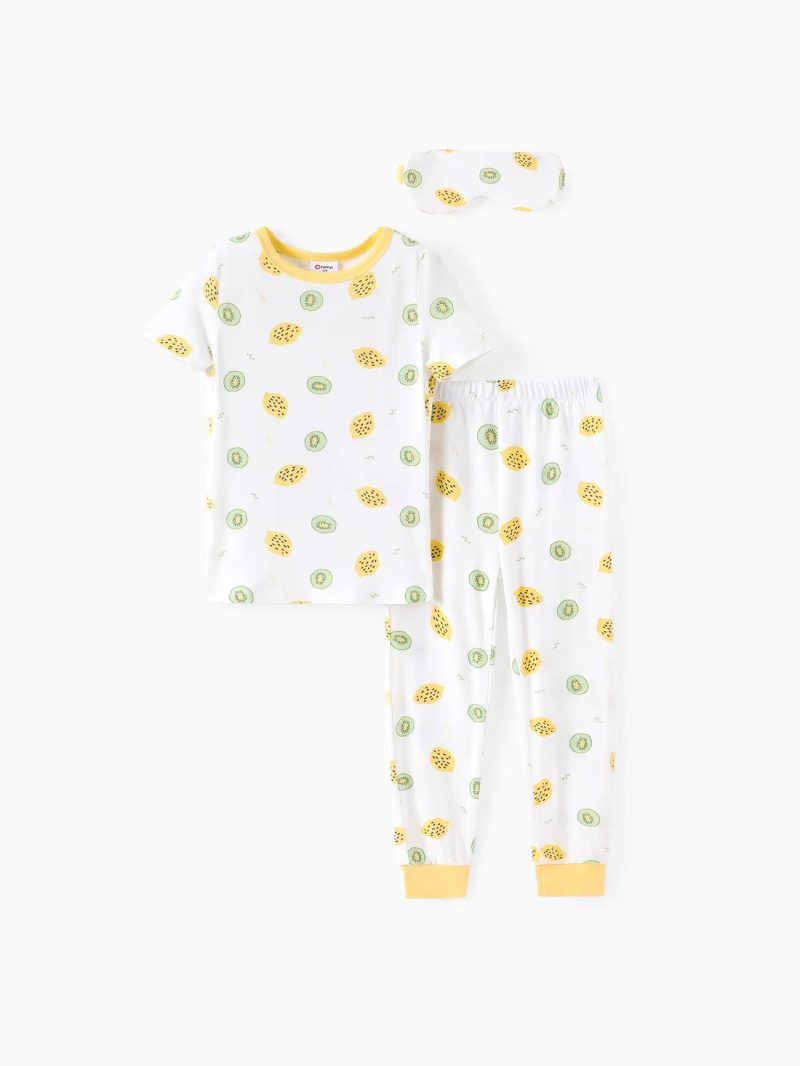 Pajamas ＆ Underwear | Toddler Girls|Toddler Boys 3pcs Fruit Print Bamboo Fiber Pajama Tee and Pants with Eye mask Set Offwhite