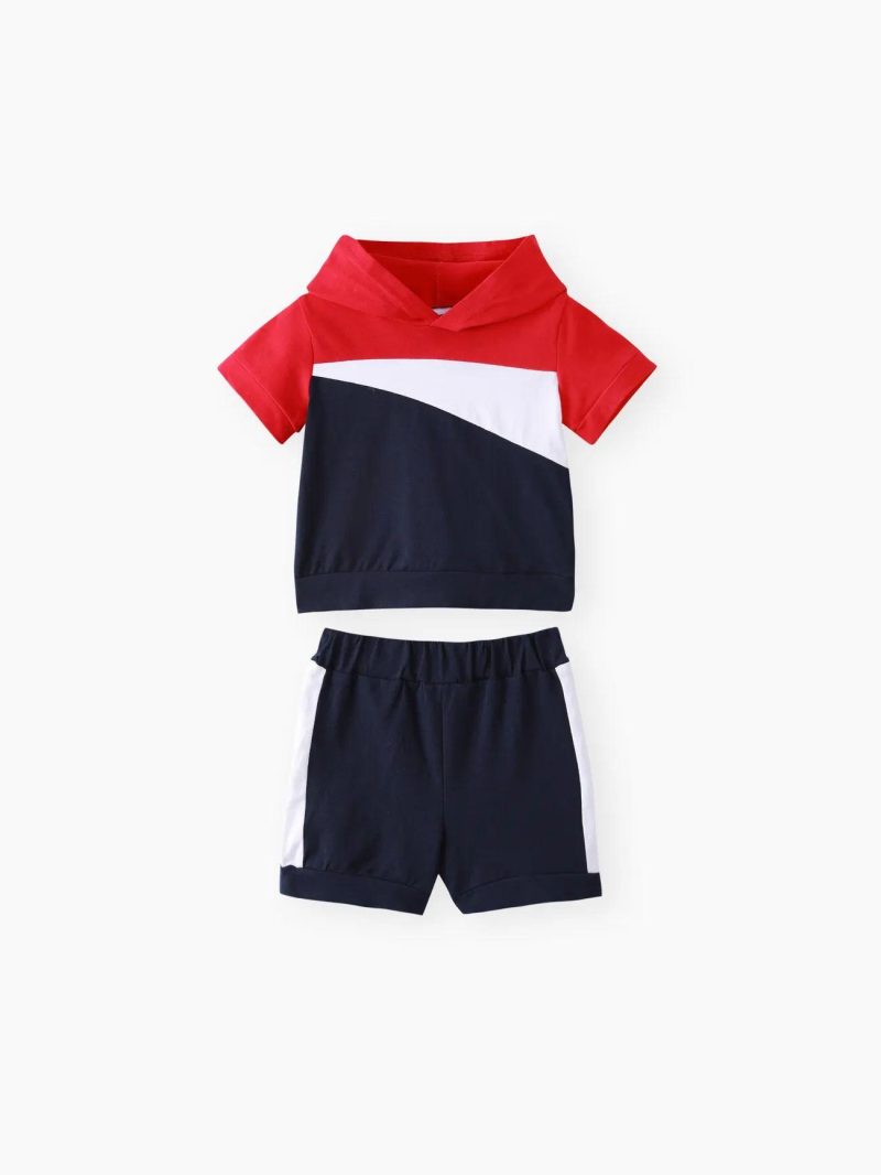 Sets | Baby Boys 2pcs 95% Cotton Hooded Short-sleeve Colorblock Top & Shorts Set Red|Brown