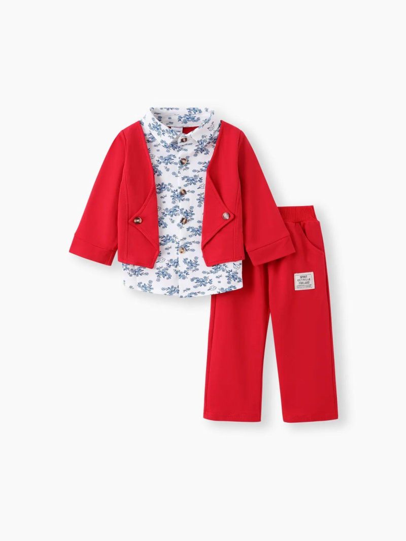 Sets | Baby Boys 2pcs 95% Cotton Long-sleeve Faux-two Floral Print Top and Pants Set Light Grey|Red|Royal Blue