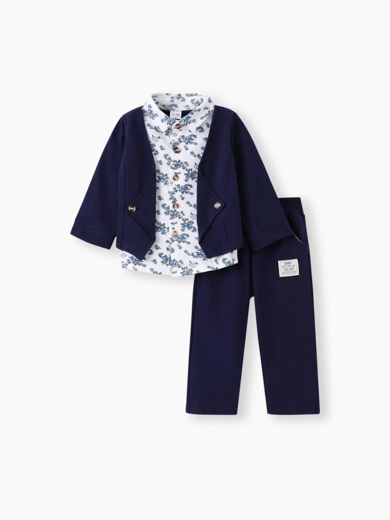 Sets | Baby Boys 2pcs 95% Cotton Long-sleeve Faux-two Floral Print Top and Pants Set Light Grey|Red|Royal Blue