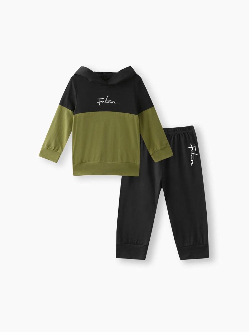 Sets | Baby Boys 2pcs 95% Cotton Long-sleeve Letter Print Colorblock Hoodie and Sweatpants Set Green|Color Block