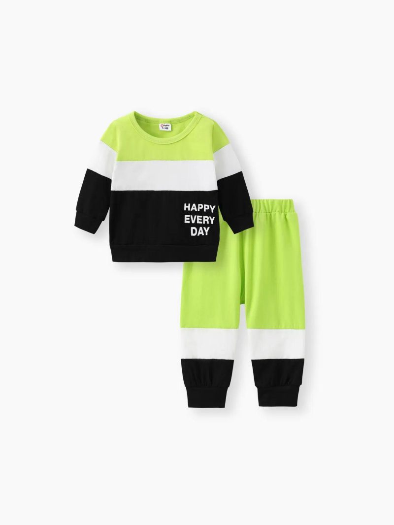 Sets | Baby Boys 2pcs 95% Cotton Long-sleeve Letter Print Colorblock Sweatshirt and Pants Set Pale Green|Green|Yellow|Grey|Burgundy