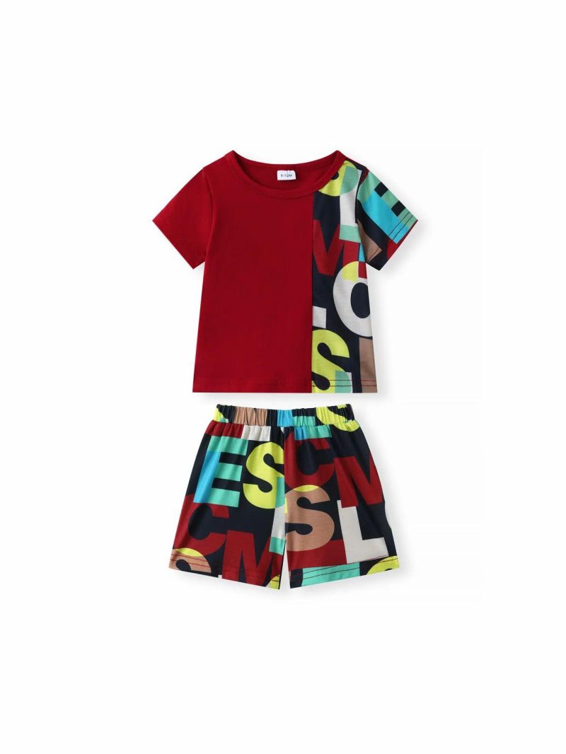 Sets | Baby Boys 2pcs 95% Cotton Short-sleeve Letter Print Black Splicing T-shirt and Shorts Set Burgundy|Black