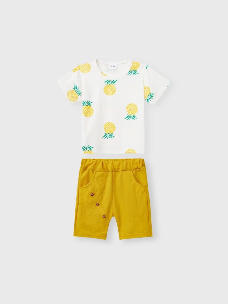 Sets | Baby Boys 2pcs 95% Cotton Short-sleeve Pineapple Print Tee and Solid Shorts Set Yellow|Dark Green