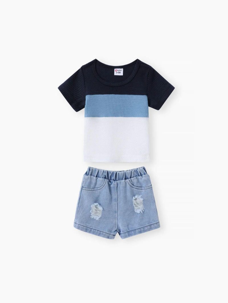 Sets | Baby Boys 2pcs Color Block Waffle Top and 100% Cotton Ripped Denim Shorts Set Blue