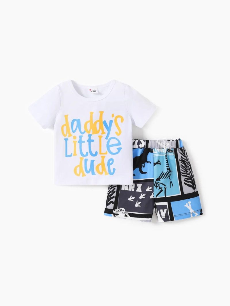 Sets | Baby Boys 2pcs Cotton Short-sleeve Letter Graphic Tee and Dinosaur Print Shorts Set White|Black