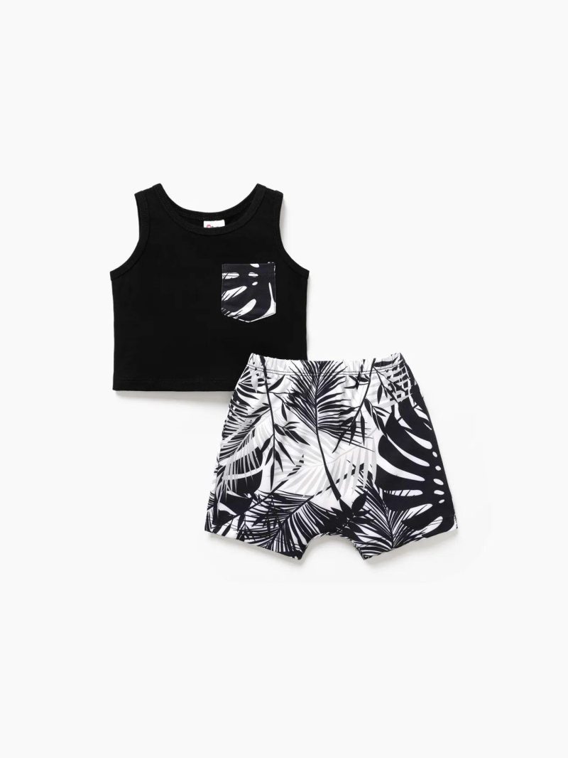 Sets | Baby Boys 2pcs Cotton Tank Top and Allover Tropical Plant Print Naia™ Shorts Set Blackandwhite