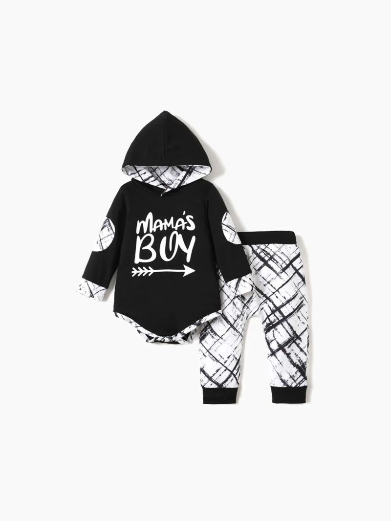 Sets | Baby Boys 2pcs Letter Graphic Black Long-sleeve Hooded Romper and Allover Print Pants Set Black