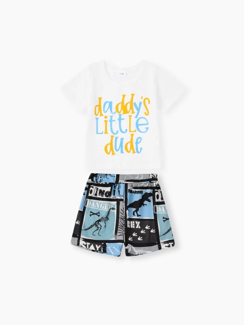 Sets | Baby Boys 2pcs Letter Print Short-sleeve T-shirt and Dinosaur Print Shorts Set White|Black