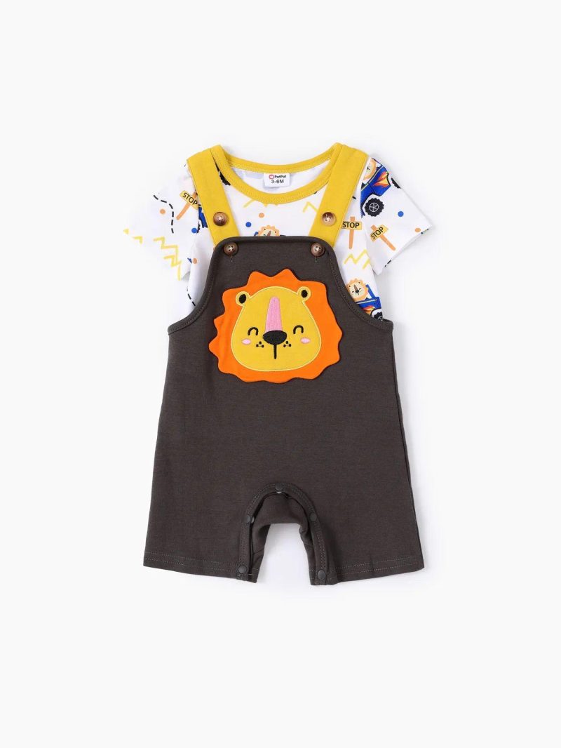 Sets | Baby Boys 2pcs Lion Print Romper and Lion Embroidery Overalls Set Dark Grey