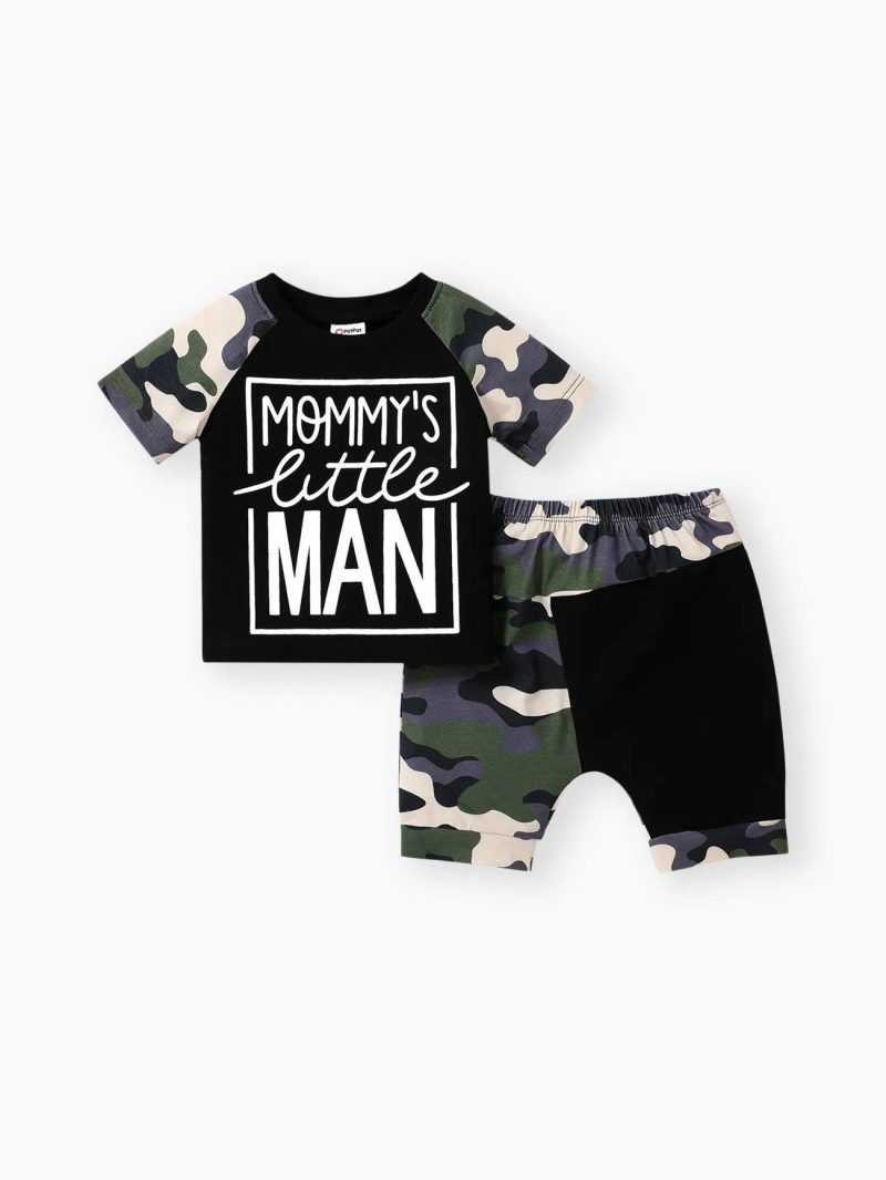 Sets | Baby Boys 2pcs Short-sleeve Letter Print Black & Camouflage Naia™ Tee and Capri Pants Set Colorblock