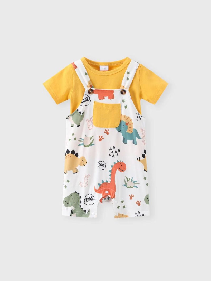 Sets | Baby Boys 2pcs Short-sleeve Solid Tee and Allover Dinosaur Print Overall Romper Set Yellow|Army Green