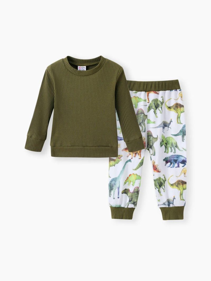 Sets | Baby Boys 2pcs Solid Cotton Ribbed Long-sleeve Pullover and Allover Dinosaur Print Pants Set Army Green|Brown