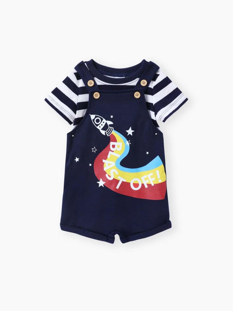 Sets | Baby Boys 2pcs Striped Tee and Rocket Print Overalls Set  Dark Blue