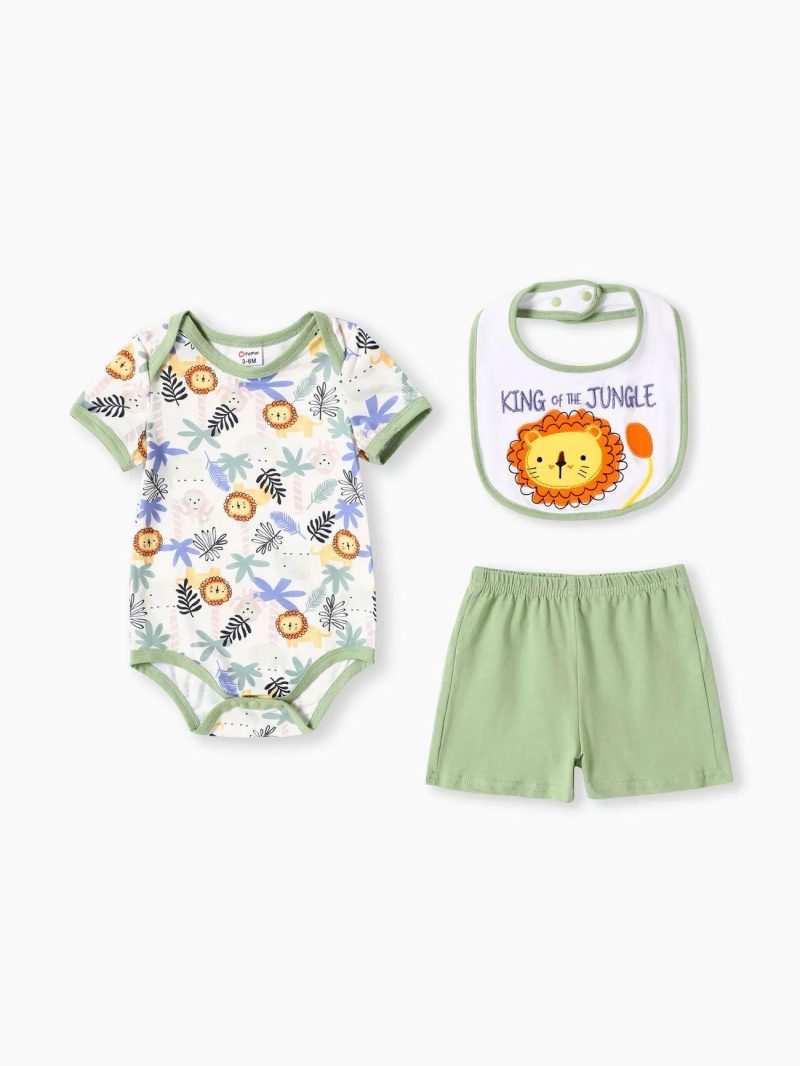 Sets | Baby Boys 3pcs Lion Print Romper and Shorts and Bib Set Grassgreen