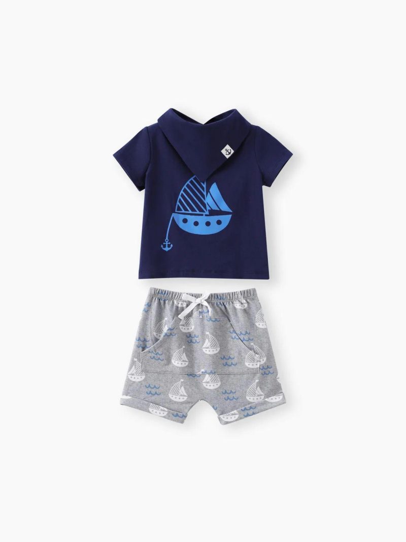 Sets | Baby Boys 3pcs Sailboat Print Tee and Shorts with Bib Set Deepblue