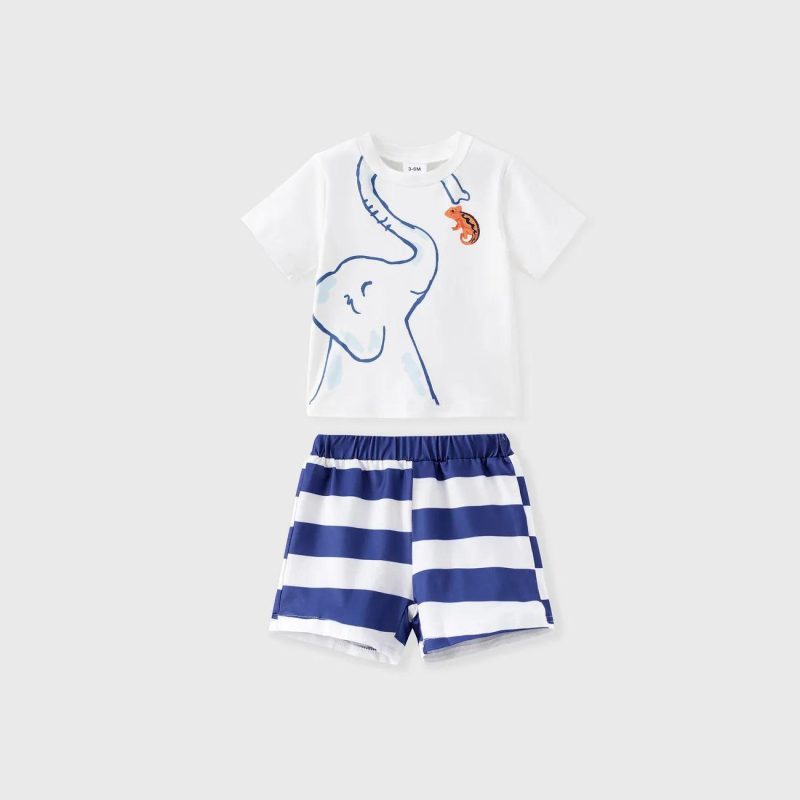 Sets | Baby Boys Elephant Pattern 2-Piece Toddler Casual Short-Sleeved Shirt and Striped Shorts Set White