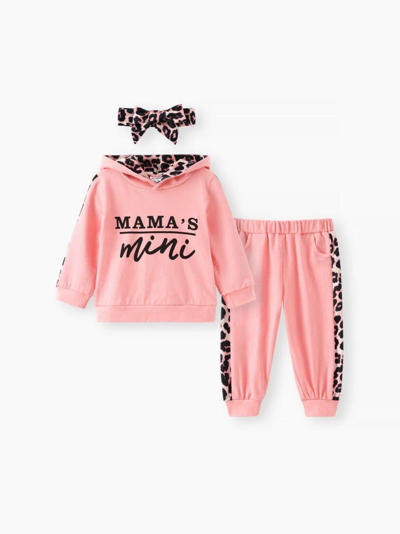 Sets | Baby Girls 100% Cotton 3pcs Leopard and Letter Print Hooded Long-sleeve Baby Set Pink|Black