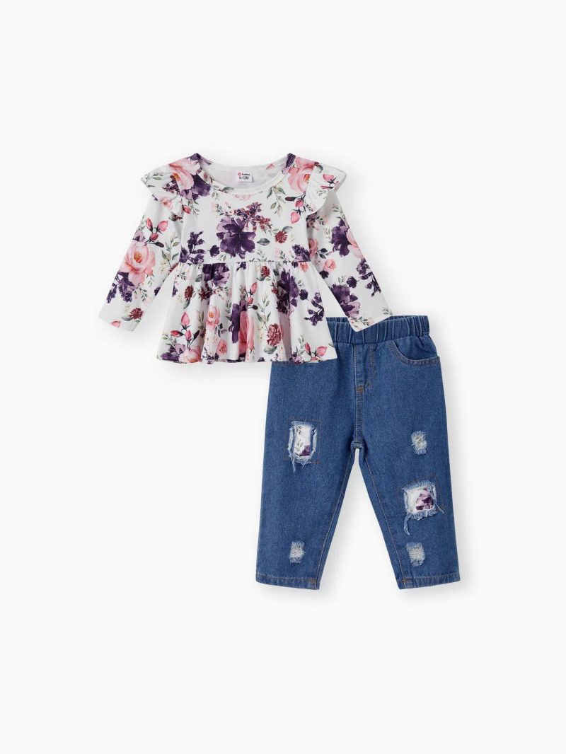 Sets | Baby Girls 2pcs Allover Floral Print Ruffle Long-sleeve Top and 95% Cotton Ripped Jeans Set Purple