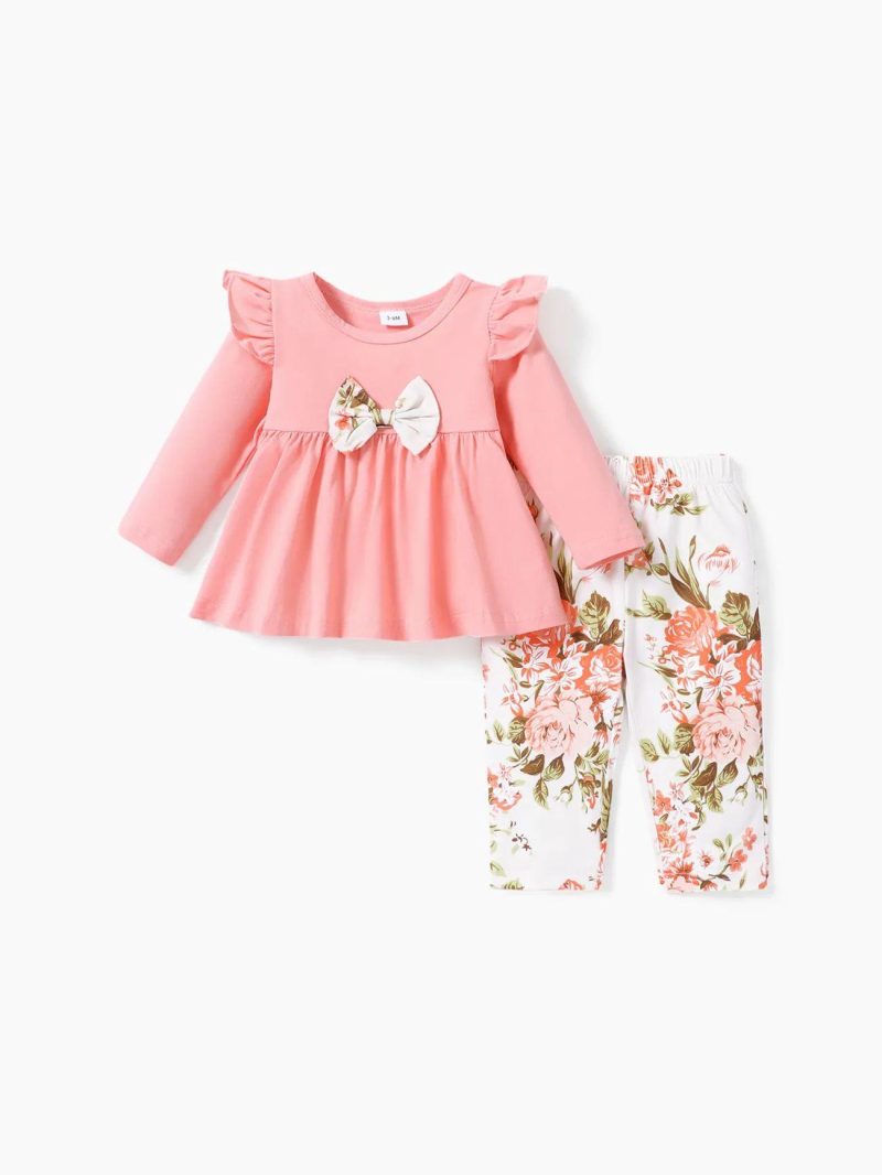 Sets | Baby Girls 2pcs Baby 95% Cotton Ruffle Long-sleeve Bowknot Top and All Over Leaves Print Trousers Set Pink|Dark Green