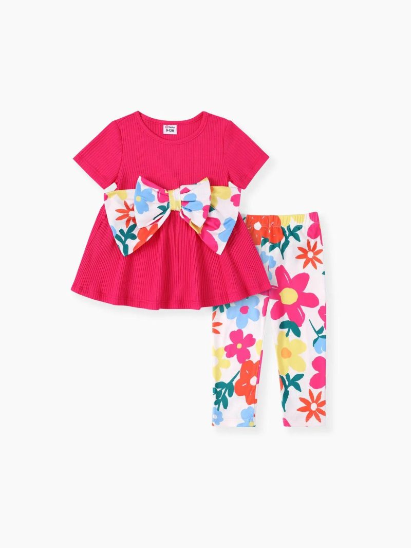 Sets | Baby Girls 2pcs Bowknot Design Tee and Floral Print Leggings Set Roseo