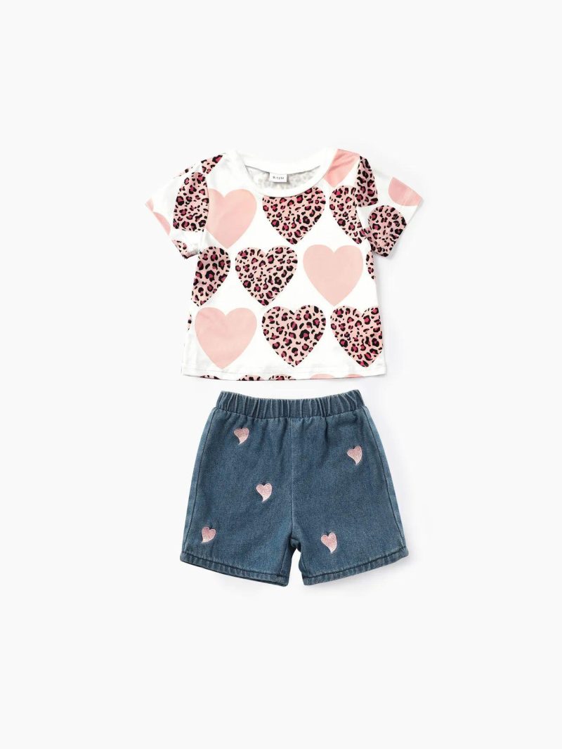 Sets | Baby Girls 2pcs Childlike Heart-shaped Short-sleeve Tee and Denim Pants Set Pink