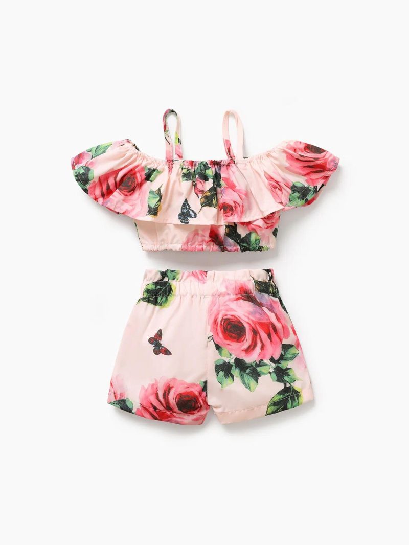 Sets | Baby Girls 2pcs Floral Print Pink Off Shoulder Spaghetti Strap Ruffle Crop Top and Shorts Set Pink