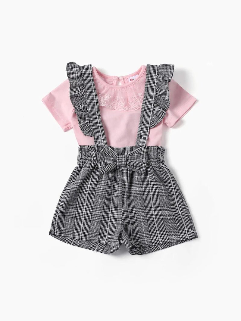 Sets | Baby Girls 2pcs Grid/Houndstooth Ruffle Edge Set Pink