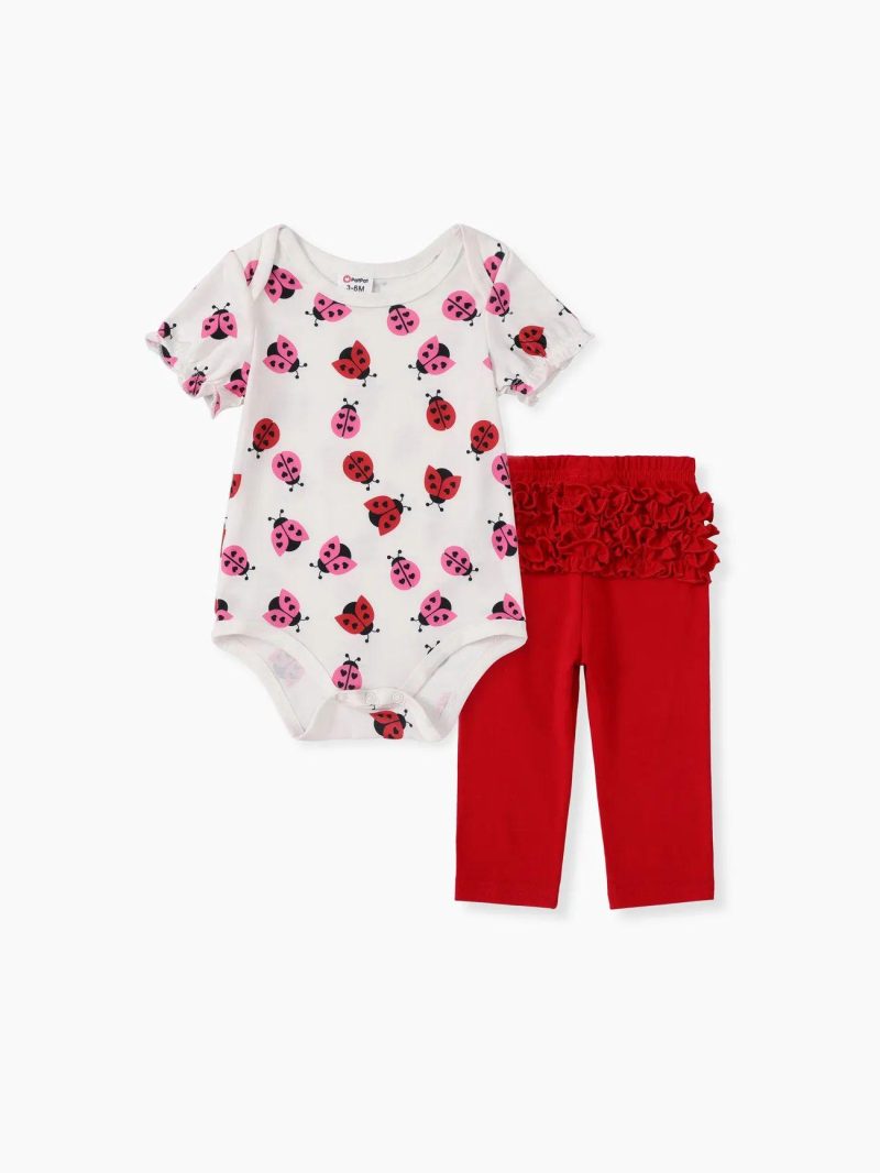 Sets | Baby Girls 2pcs Ladybug Pattern Romper and Ruffled Leggings Set Red