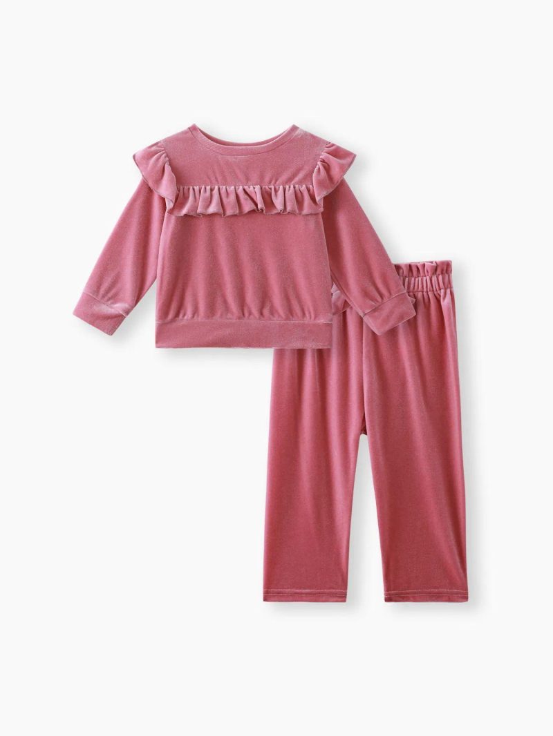 Sets | Baby Girls 2pcs Pink Velvet Ruffle Trim Long-sleeve Top and Bow Front Pants Set Pink