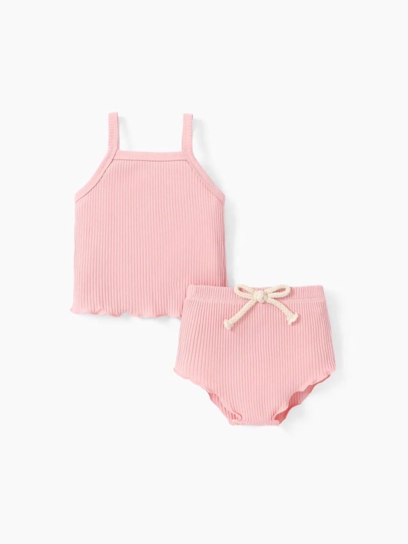 Sets | Baby Girls 2pcs Plain Ribbed Cotton Camisole and Shorts Set Pink|Graygreen|Creamcolored