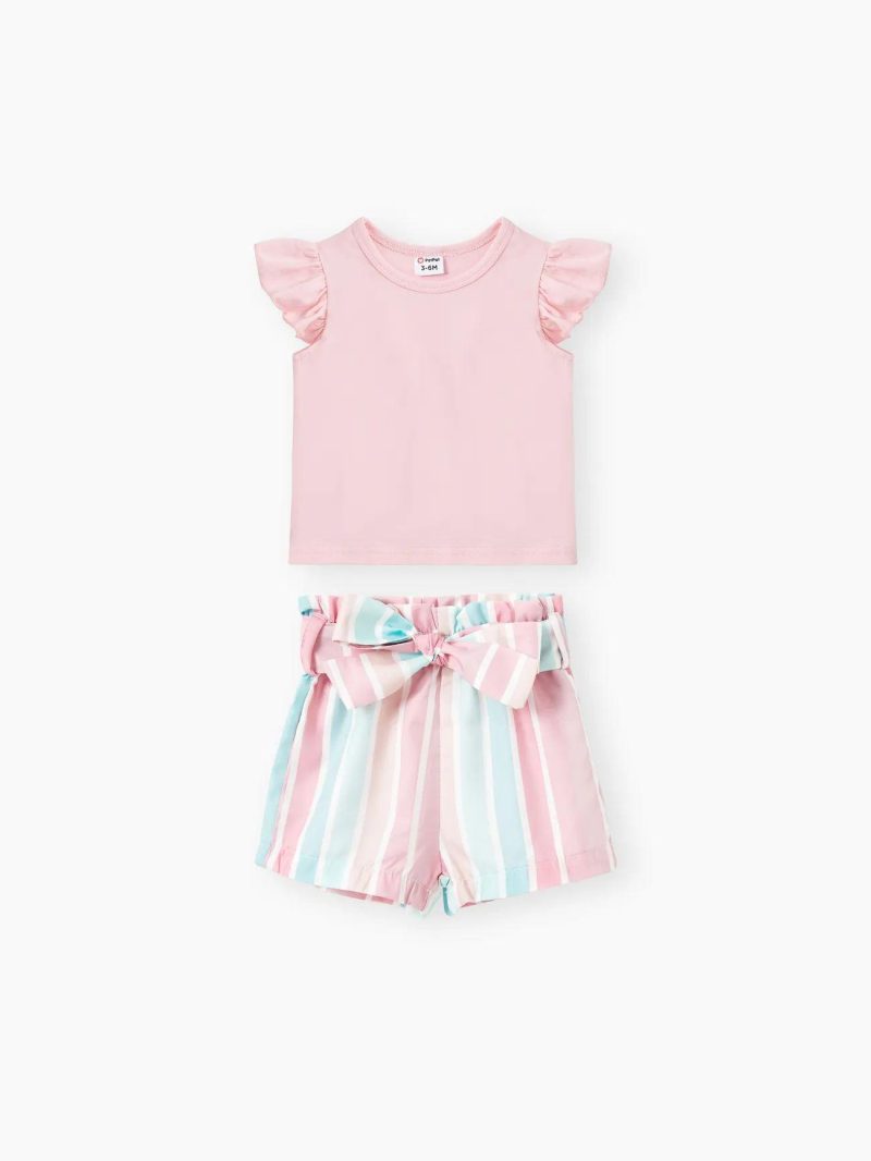 Sets | Baby Girls 2pcs Solid 95% Cotton Flutter-sleeve Tee and Striped Belted Shorts Set Pink