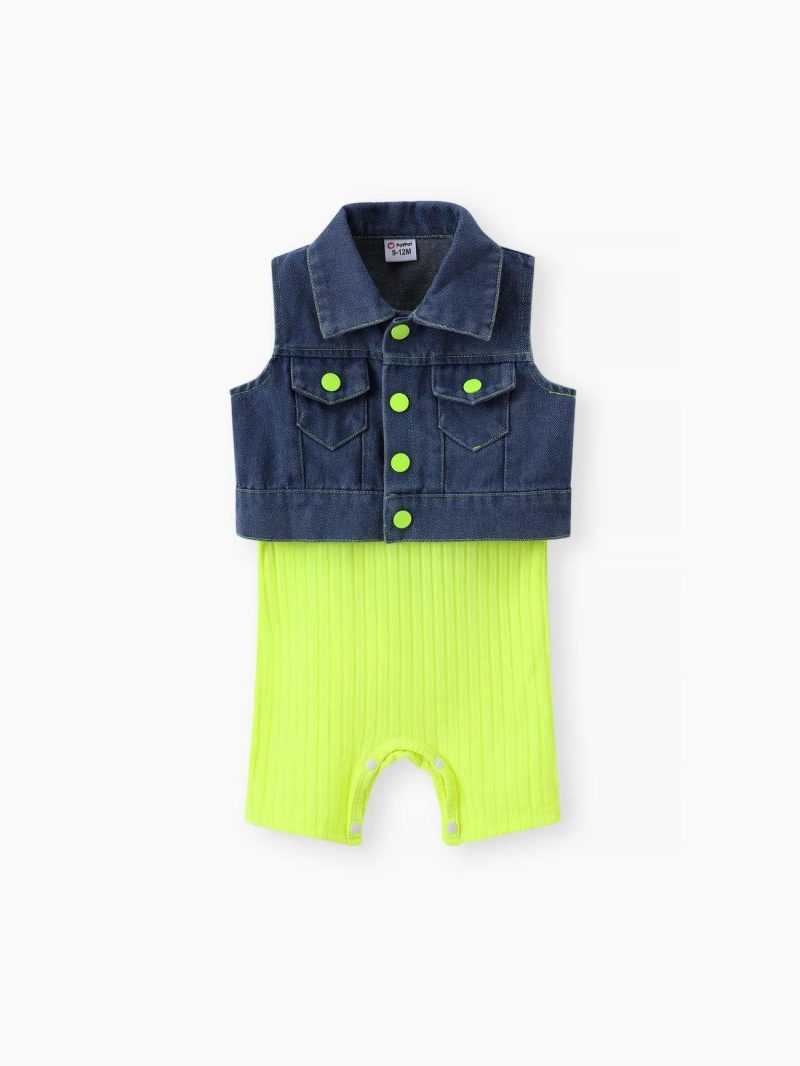 Sets | Baby Girls 2pcs Solid Rib-knit Romper and Button Up Front Vest Denim Jacket Set Green|Yellow|Hot Pink