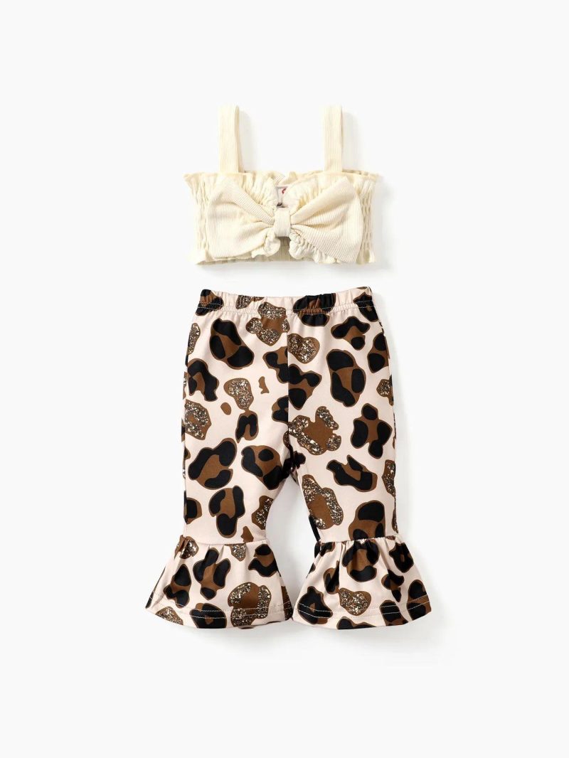 Sets | Baby Girls 2pcs Sweet Animal Pattern Cami Crop Top and Flare Pants Set Apricot