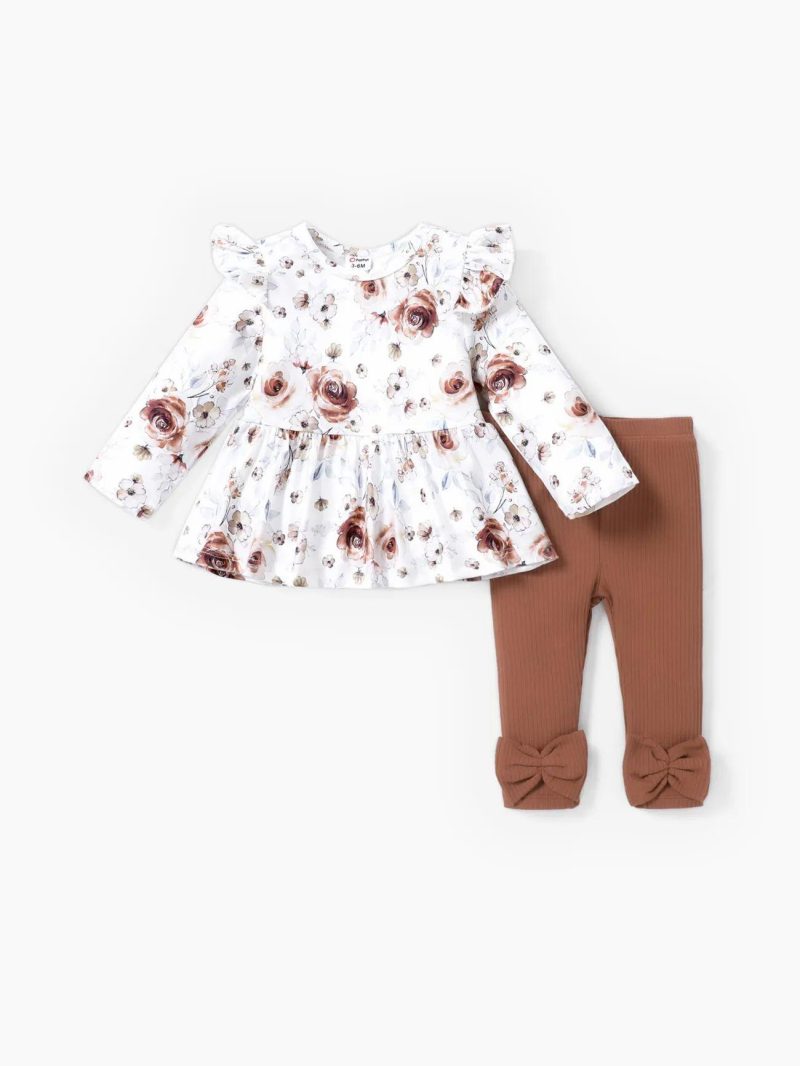 Sets | Baby Girls 2PCS Sweet Floral Print Flutter Sleeve Top and Solid Pant Set Brown|Light Purple