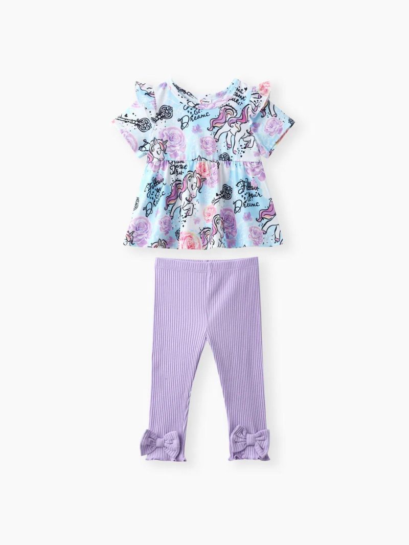 Sets | Baby Girls 2pcs Sweet Unicorn Pattern Ruffled Top and Leggings Set Purple