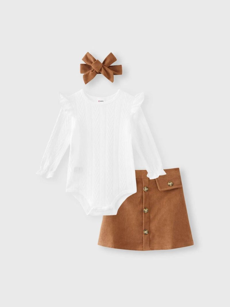 Sets | Baby Girls 3-piece Ruffled Cable Knit Textured White Sweater, Button Design Brown Skirt and Headband Set Brown