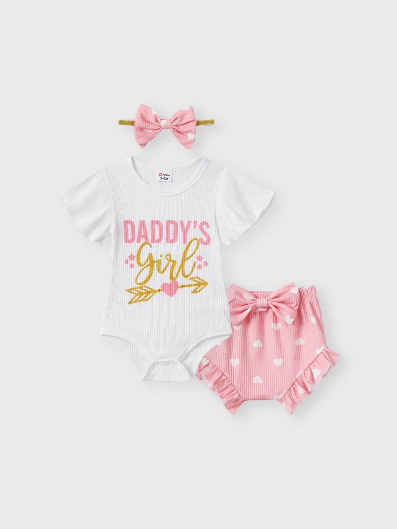 Sets | Baby Girls 3pcs 95% Cotton Letter Print Ribbed Bodysuit and Shorts and Bow Headband Set Pink