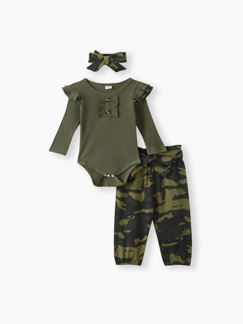 Sets | Baby Girls 3pcs 95% Cotton Ribbed Ruffle Long-sleeve Romper and Camo Print Pants with Headband Set Army Green